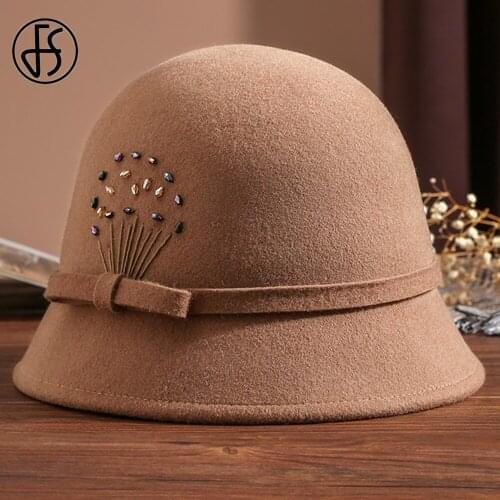 FS Dome Top Wool Felt Fedora Hats For Women Winter Warm Church Cloche Derby Basin Hat Fedoras Bowler Cap With Crystal Bowknot