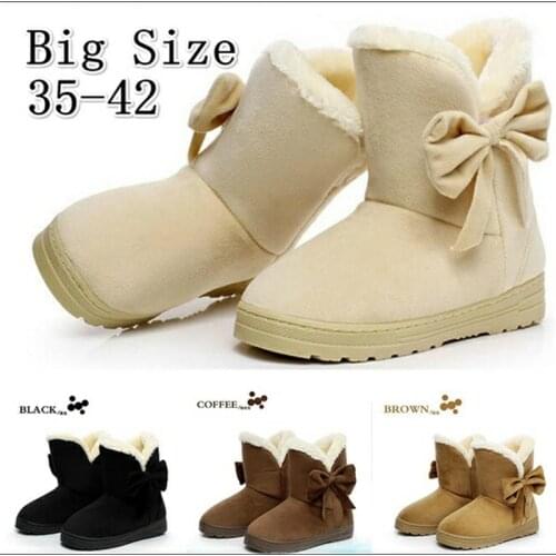 Women Boots Female winter boots Warmer Plush Bowtie Fur Suede Flat Slip On Ankle Snow Boots Womens Shoes Fashion Platform Black