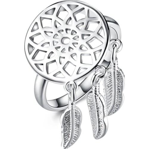 M925 Printed Silver color Plated Rings Jewelry Feather Tassels Women Wedding Rings Rings Women WomenR940