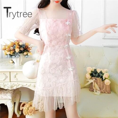 Trytree 2020 Summer Women Casual Dress Square Collar Patchwork Puff Sleeve Lace Flower A-line Temperament Fashion Mini Dress