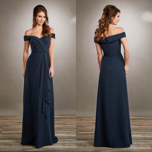 2020 Elegant Mother of the Bride Dresses Dark Blue Off Shoulder Lace Chiffon Evening Gowns Floor Length Wedding Guest Dress