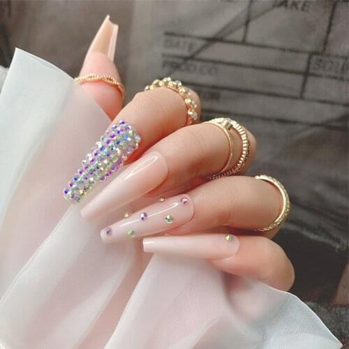 24pcs/Set Newest Long Coffin Fake Nails Luxury Full Rhinestone Decal Artificial Ballerina Nail Accessory Art Tips Press on Nails