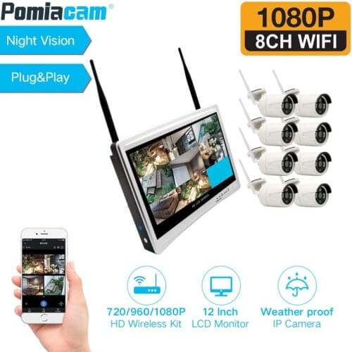 8CH 1080P Wireless NVR CCTV Security System 12" LCD Monitor WIFI NVR Kits 2.0MP IR-CUT Outdoor IP Camera Video Surveillance Kit