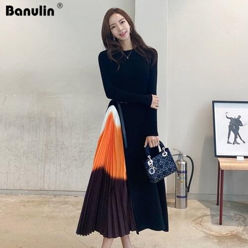 Banulin Fashion Designer Sweater Dress 2020 Spring Autumn Womens Long Sleeve Sashes Knitting Patchwork Gradient Pleated Dress