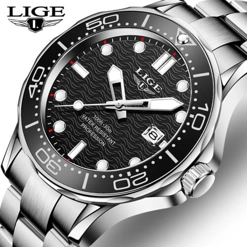 LIGE Sports Men Watches Luxury Stainless Steel Waterproof Quartz Watch For Mens Fashion Rotating Bezel Date Clock Relojes Hombre