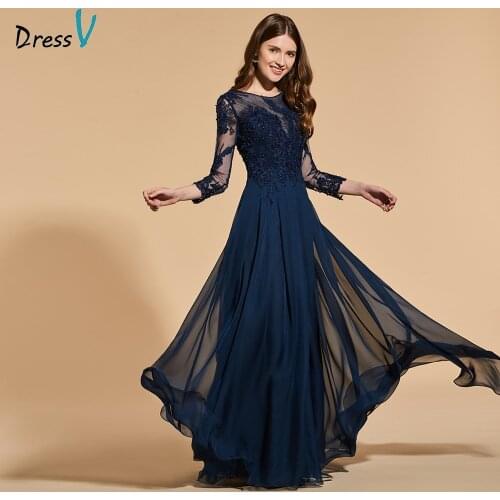 Dressv dark navy beading long prom dress long sleeves simple a-line appliques button evening party gown prom dresses customize