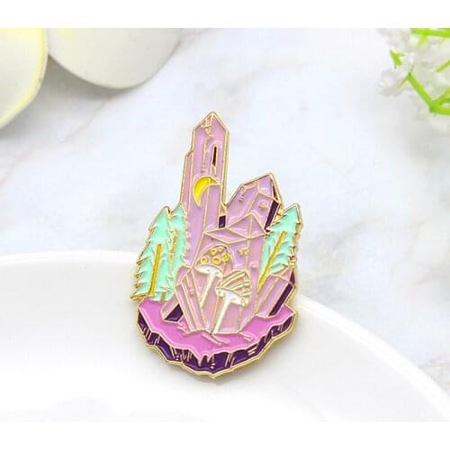 Pink Crystal castle at night Enamel Brooch Crystal forest Mushroom tree Lapel Pin The terror badge of Halloween gifts for kids
