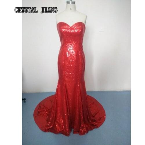 Red Sequined Dresses Sweetheart Long Mermaid Bridesmaid Dress Rabbit