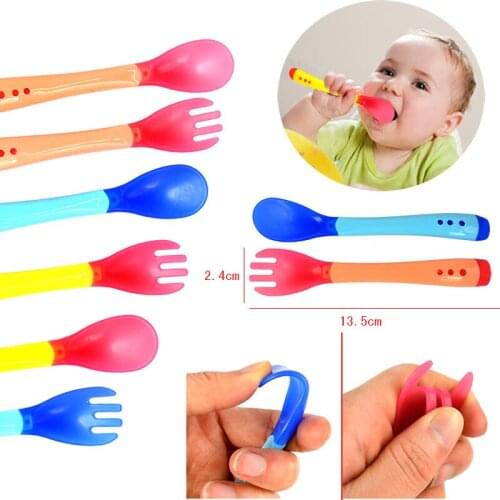 Baby Fedding Utensils 2 Pcs/set Lovely Print Baby Kids Feeding Baby Spoon Flatware Spoon + Fork Temperature induction Feeding