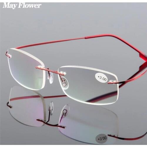 May Flower Titanium Alloy Rimless Reading Glasses Light Square Flexible Presbyopic Eyeglasses Anti-Blue Ray Glasses Men Women+2
