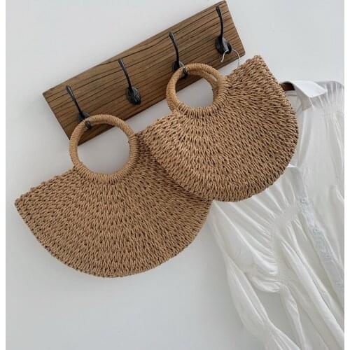 Casual Half Moon Rattan Women Handbags Wicker Woven Large Capacity Tote Summer Beach Straw Bag Bali Travel Big Baskets Purses