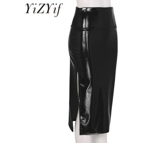 Sexy Skirts Women Shiny Metallic Holographic Skirts High Waist Side Split Midi Pencil Skirt Bodycon Skirt for Party Night Club