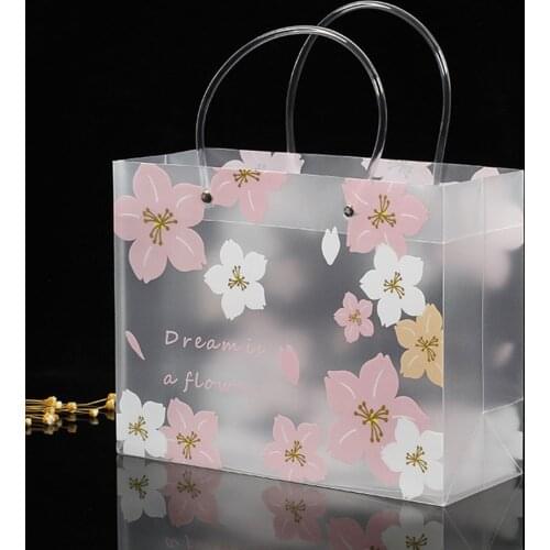 Cherry Blossom Shopping Bag Wear-resistant Waterproof Frosted Transparent Gift Bag Handbag PP Packaging Tote Bags