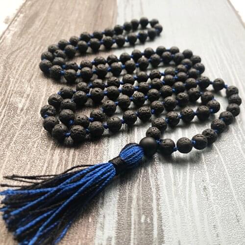 Boho Jewelry Natural Lava Stone Mala Beads Necklace 108 Knotted Tassel Necklace Yoga Meditation Gift For Mans Spiritual Jewelry