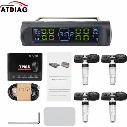 Universal TPMS Wireless Tire Pressure Monitoring System Solar Power Clock LCD Display 4 External Sensor Tire Pressure Sensors
