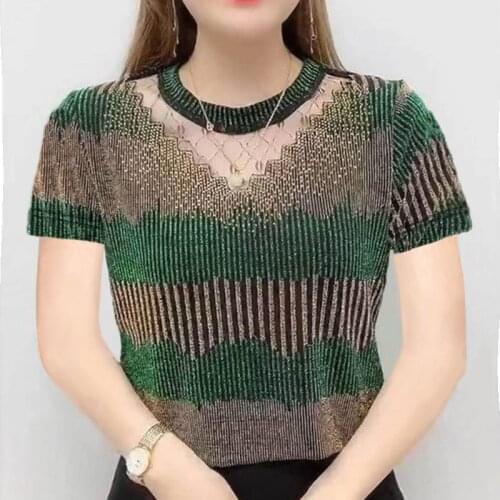 Hollow Out Women Spring Summer Style Lace T-Shirts Casual Short Sleeve Patchwork Bright Silk Round Neck Blusas Tops Y774