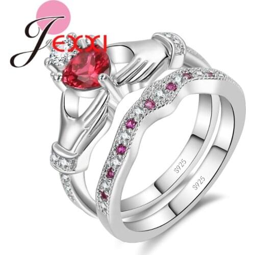 New Arrival Hand with Red Crystal Love Heart Ring Sets 925 Sterling Silver for Women Engagement Finger Jewelry