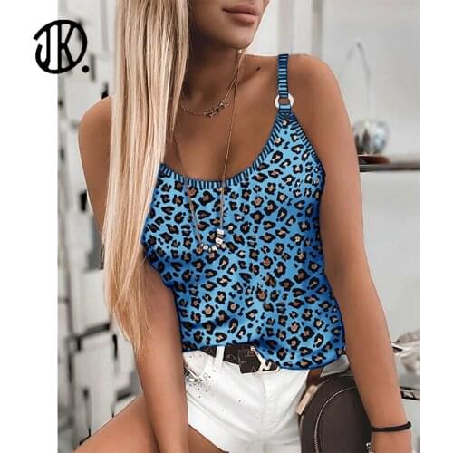Sexy Plus Size Leopard Print Suspender Sleeveless Stretch T-shirt 2021 Summer Round Neck Slim Streetwear For Women 5XL Tank Tops