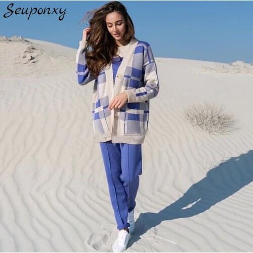 High Quality Autumn WomenS Loose Knit 3 Three-Piece Set 2021 Sexy Plaid Jacket + Contrast Top + High Waist Pants Casual Set