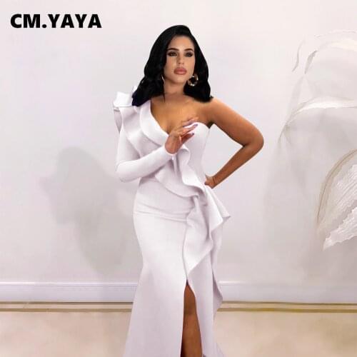 CM.YAYA Women Evening Dress Solid One Shoulder Full Sleeve Ruffles Splited Stretchy Maxi Long Dresses Party Vestidos Summer 2021