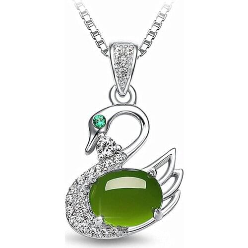 Fashion Swan Green Jade Emerald Gemstones Diamond Pendant Necklaces For Women White Gold Silver Color Choker Jewelry Bijoux Gift