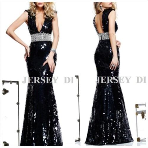 Free shipping elegant dress 2016 luxury crystal V-neck plus size vestidos formales long black new sexy party prom gown dresses