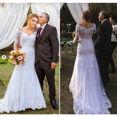 Vintage Elegant Mermaid Lace Beaded Wedding Dresses v-neck Vestido De Novia long Sleeves Bride wedding Gown African Plus Size