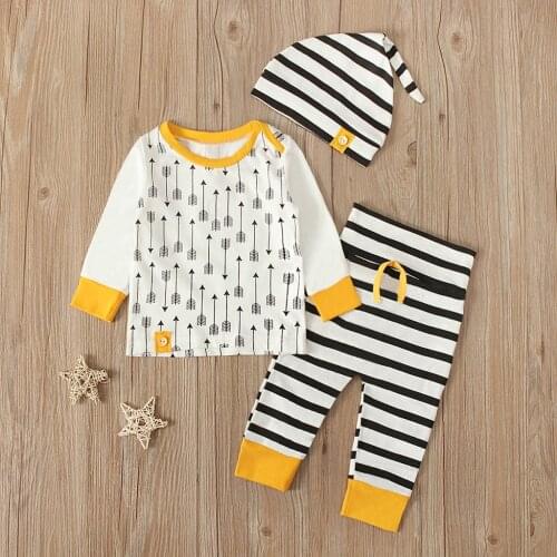 0-18M) Baby Winter Suit Hot Striped Round Neck T-shirt Long Sleeve + Striped Pants + Hat Three-piece Set детские вещи 50