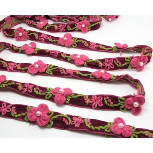 1 Yard 5/8 Inches Velvet Rose Flower Embroidered Ribbon Trim|Floral Lace Supplies|Bow Making Hair Material