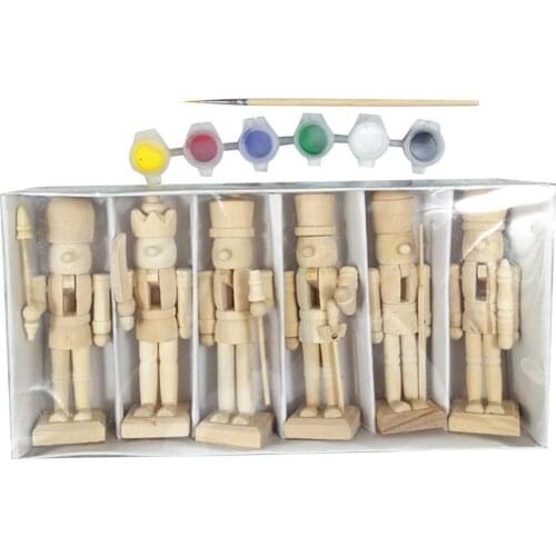 12cm 6pcs/set Christmas Wooden Crafts Nutcracker Puppet White Embryo Walnut Soldier Shaped Ornaments With 1 Brush 6 Pigment 2022