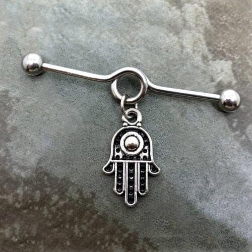 2PC Vintage Stainless Steel Straight Hamsa Hand Ear Tragus Cartilage Helix Fashion Stud Earring Industrial Piercing Barbell Body