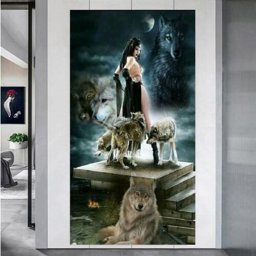 DIY 5d diamond mosaic Sexy Women And Wolves diamond painting cross stitch embroidery full round drill Portrait Animal Art,EE2049