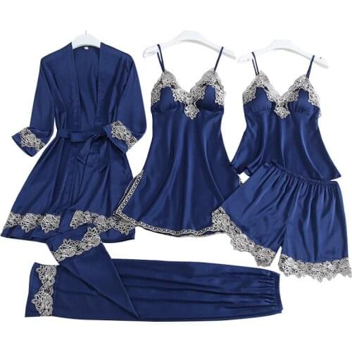 5PCS Satin Sleepwear Lady Pajamas Suit Nighty&Robe Suit Sexy Intimate Lingerie Casual Bridal Wedding Gift Homewear Nightgown