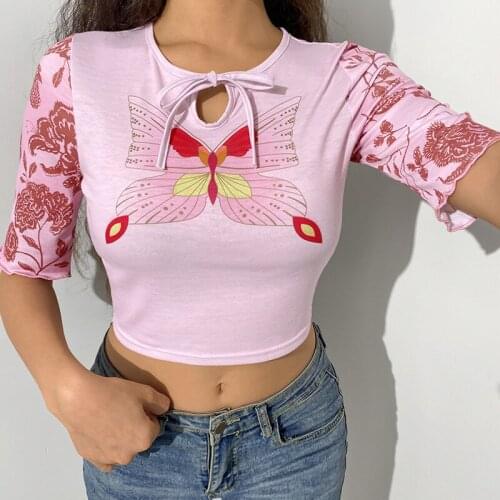 Hollow out lace up butterfly print slim sexy short section crop tops y2k e-girls half-sleeve o-neck tank tops 2021