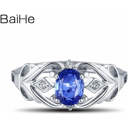BAIHE Natural Sapphire Ring for Women Solid 18k White Gold Wedding band Engagement ring Man Ring Smart Fine Jewelry Ring