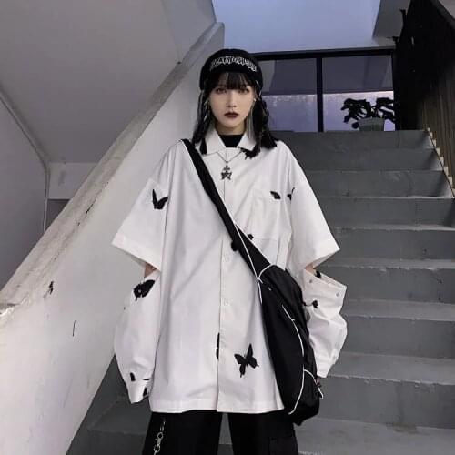 Deeptown Gothic Butterfly Print Shirt Women Harajuku White Blouses Japan Style Mall Goth Long Sleeve Alt Clothes Aesthetics Tops