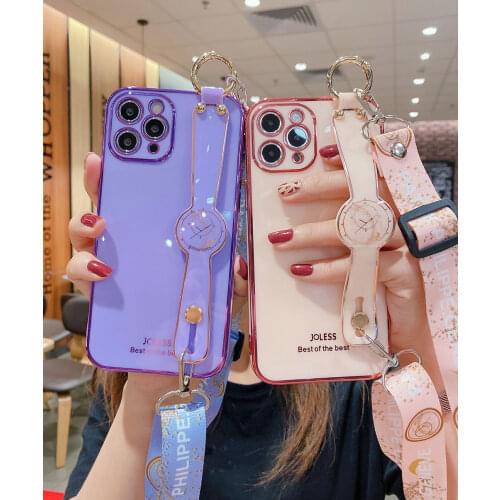 For iphone 12 11 Pro Max X Xs Max XR SE 7 8 6s plus Electroplate Soft TPU Neck Wrist Strap Lanyard Phone Holder Case