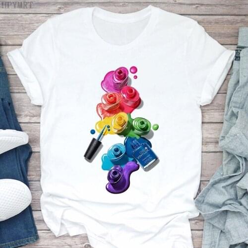 Harajuku Graphic 3D Finger Nail Paint Color Fashion Cute Printed Female Tops Tshirt Womens T shirt Ladies Clothes white T-shirt