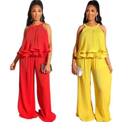 Adogirl Off shoulder spaghetti Strap Casual Two Pieces Sets Petal Ruched Layered Suits Solid Wide Leg Pants Loose Leisure Set