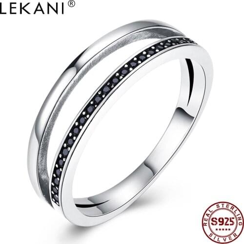 LEKANI Women Rings 925 Sterling Silver Simple Black Cubic Zirconia Double Personality Vintage Ring Fine Jewelry New Arrival