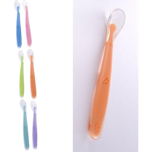 Baby Silicone Spoon Candy Color Temperature Sensing Spoon Children Food Feeder Appliance Baby Feeding Tools Soft Spoons 1/2pcs