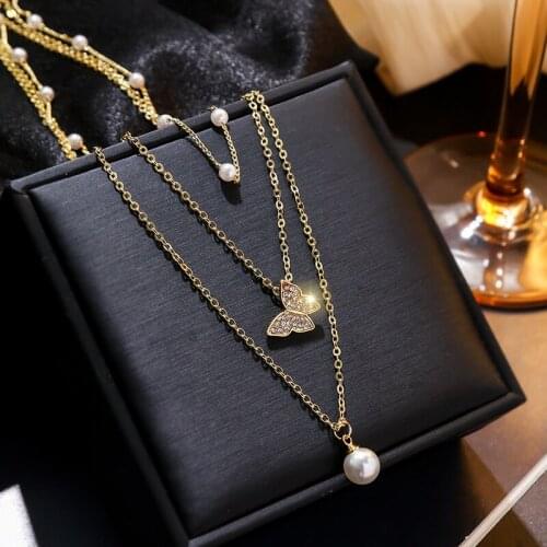 Korean-Style Multi-Layer Butterfly Pearl Necklace Fashion Normcore Style Choker Necklace Ins Immortal Choker