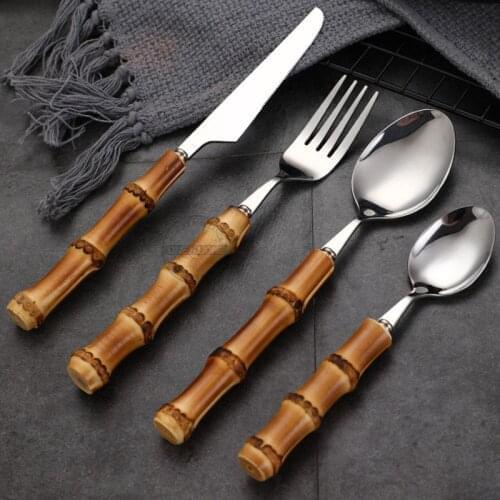Stainless Steel Flatware Set ,Cutlery With Bamboo Handle , Spoons and Forks Sets Dishwasher Safe