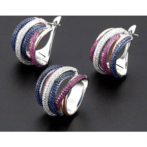 Zlxgirl jewelry AAA blue red cubic zircon earring with ring jewelry set bridal accessory sets women wedding Ears Anel bijoux