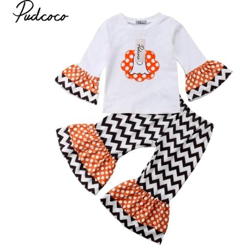 2018 Brand New Halloween Toddler Baby Girls Clothes Sets 2PCS Long Flare Sleeve Cartoon Ghost T-Shirts Tops+Flare Pants 6M-4Y