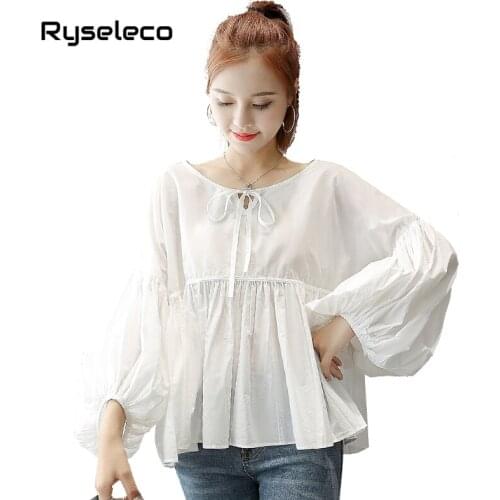 New Girl Sweet Lolita Pleated Big Lantern Sleeve Bow Tie O-neck Super Loose Large White Tunic Blouses Women Baby Doll Shirt Tops