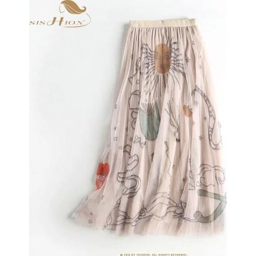 SISHION Graffiti Long Tulle Mesh Skirt WF0091 Print Elastic Waist Black White Pink Women Ladies Beach Summer Skirt Plus Size