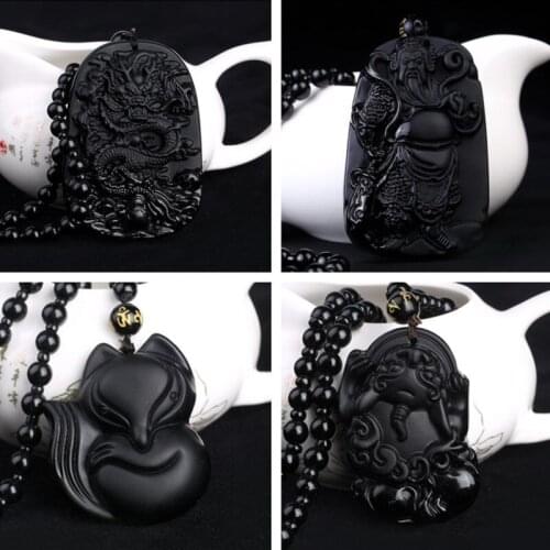 Fooderwerk Jewelry Vintage imitation natural obsidian necklace Guan Gonglong plaque big belly Buddha long sweater chain
