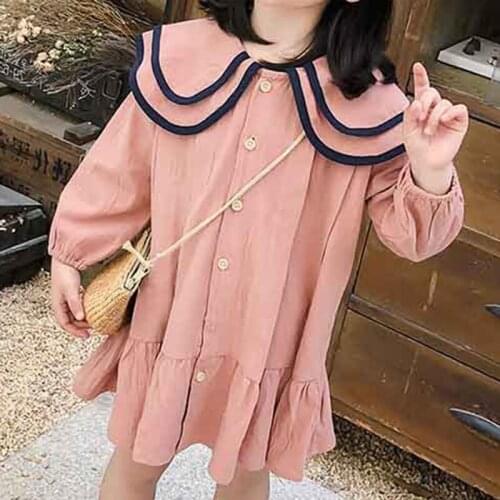 Spring Autumn Lotus Leaf Lapel Solid Color Long-sleeve Cute Girls Dress Kids Clothes College Style Childrens Dress