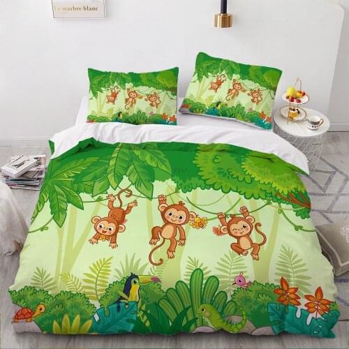 3D Luxury Bedding Set Duvet Cover Set Comforter Single King Queen Double Single Green Monkey Cartoon Design Custom Bedclothes
